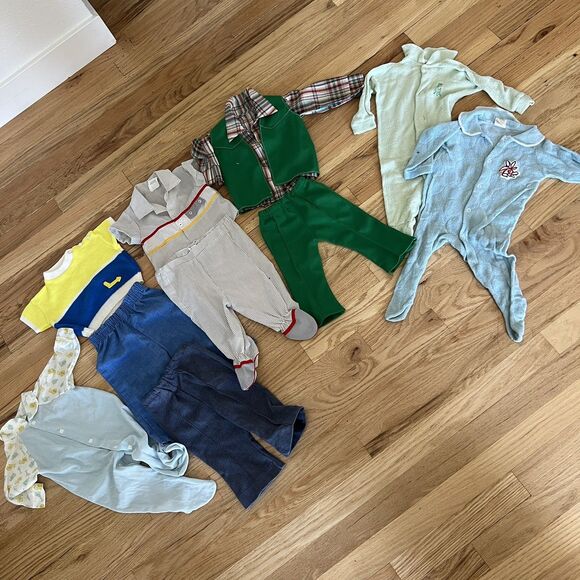 Vintage Baby Boy Clothes Lot of 11 0-6 Month pants one-piece shirt sweater vest - Picture 2 of 12